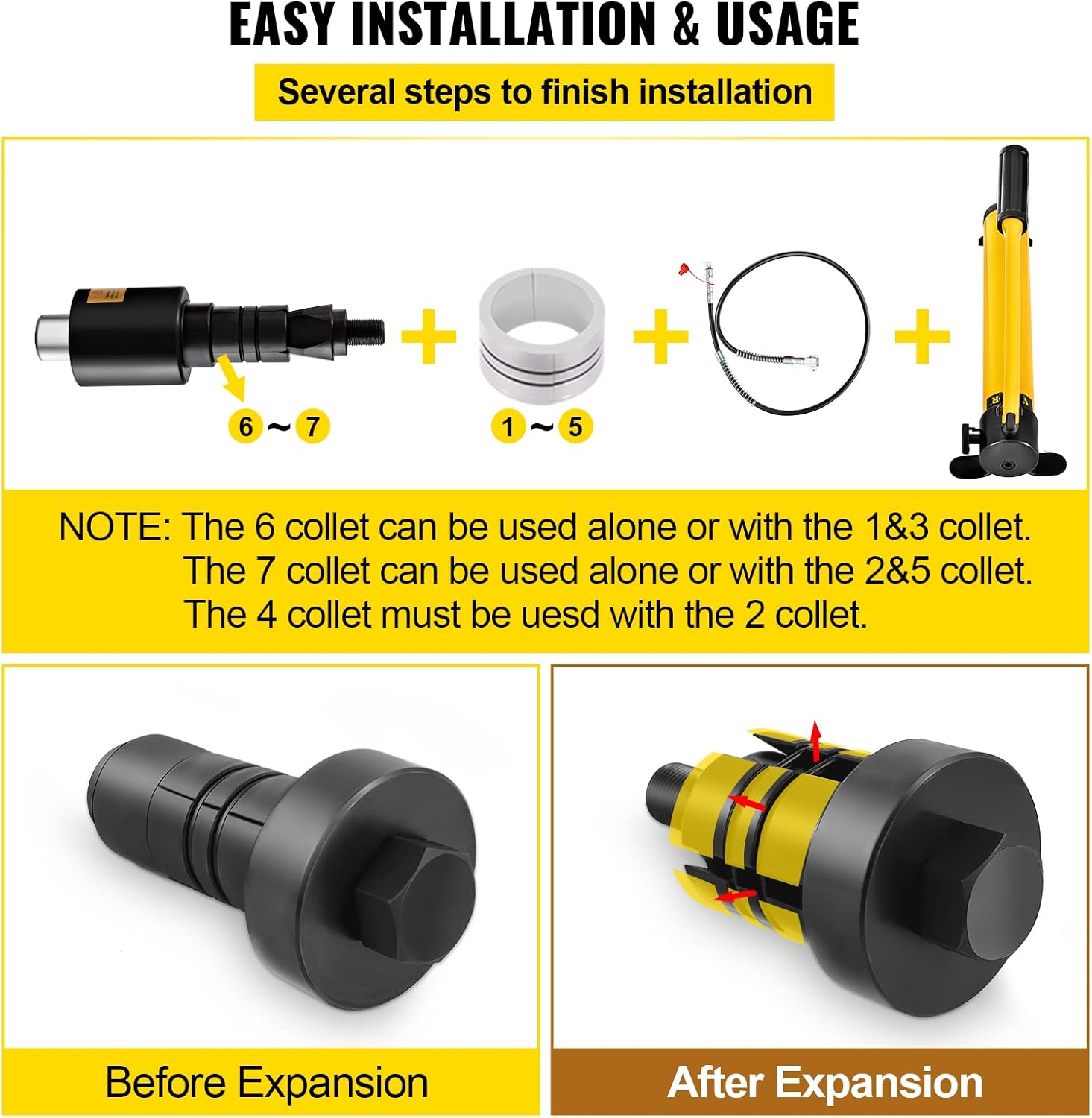 VEVOR Hydraulic Exhaust Pipe Expander, 1-5/8 to 4-1/4 size, 10 T Manual Hydraulic Pipe Stretcher w/4 Dies and 2 Storing Case for Copper, Aluminum Tubes in Car Repairing
