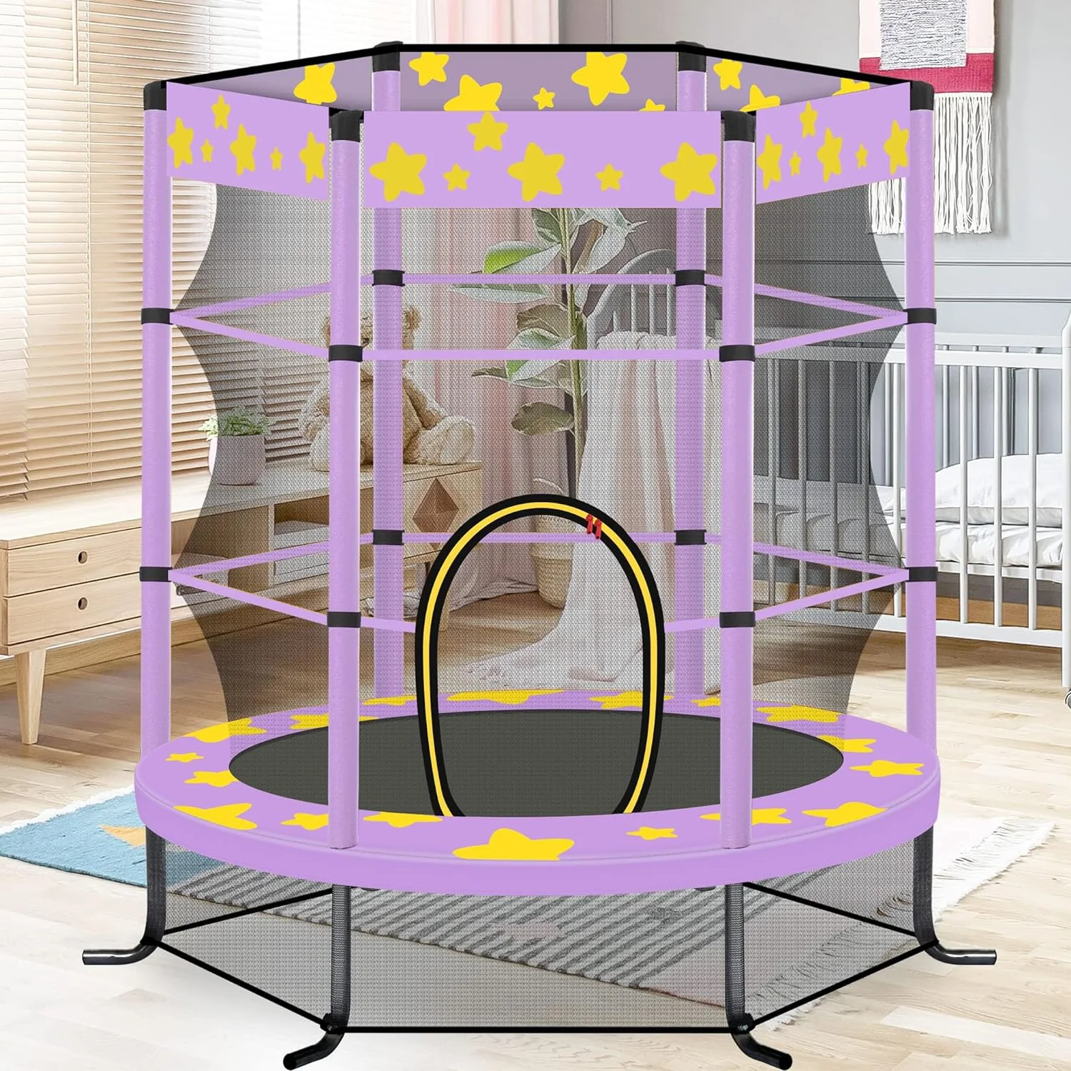55 Inch Kids Trampoline, 4.5FT Outdoor Indoor Trampoline with Safety Enclosure Net, Purple