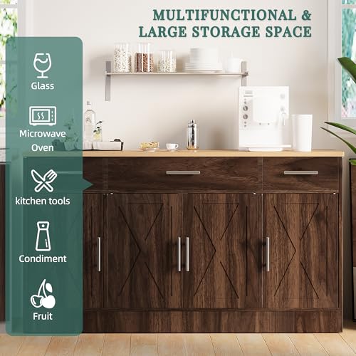 Shintenchi Buffet Cabinet with Storage,53.4" Large Kitchen Storage Cabinet with 3 Drawers and 4 Doors,Wood Farmhouse Buffet Cabinet with Adjustable Shelf for Kitchen Living Room,Brown
