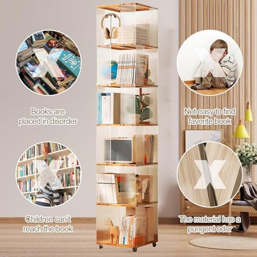 5/6 Tier Rolling Bookcase, Bamboo 360° Rotating Bookshelf Tower, Revolving Bookcase Stackable Bookshelf Organizer, Freestanding Spinning Bookshelf with Wheels for Bedroom, Living Room, Brown