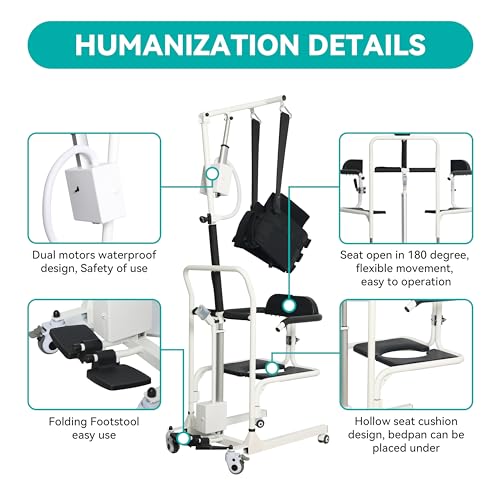 Electric Transfer Chair Patient Lift (4 in 1) for Home, 180° Split Seat, 330 lbs Load-Bearing for Elderly Disabled Handicapped (Eclectic, White, Black)