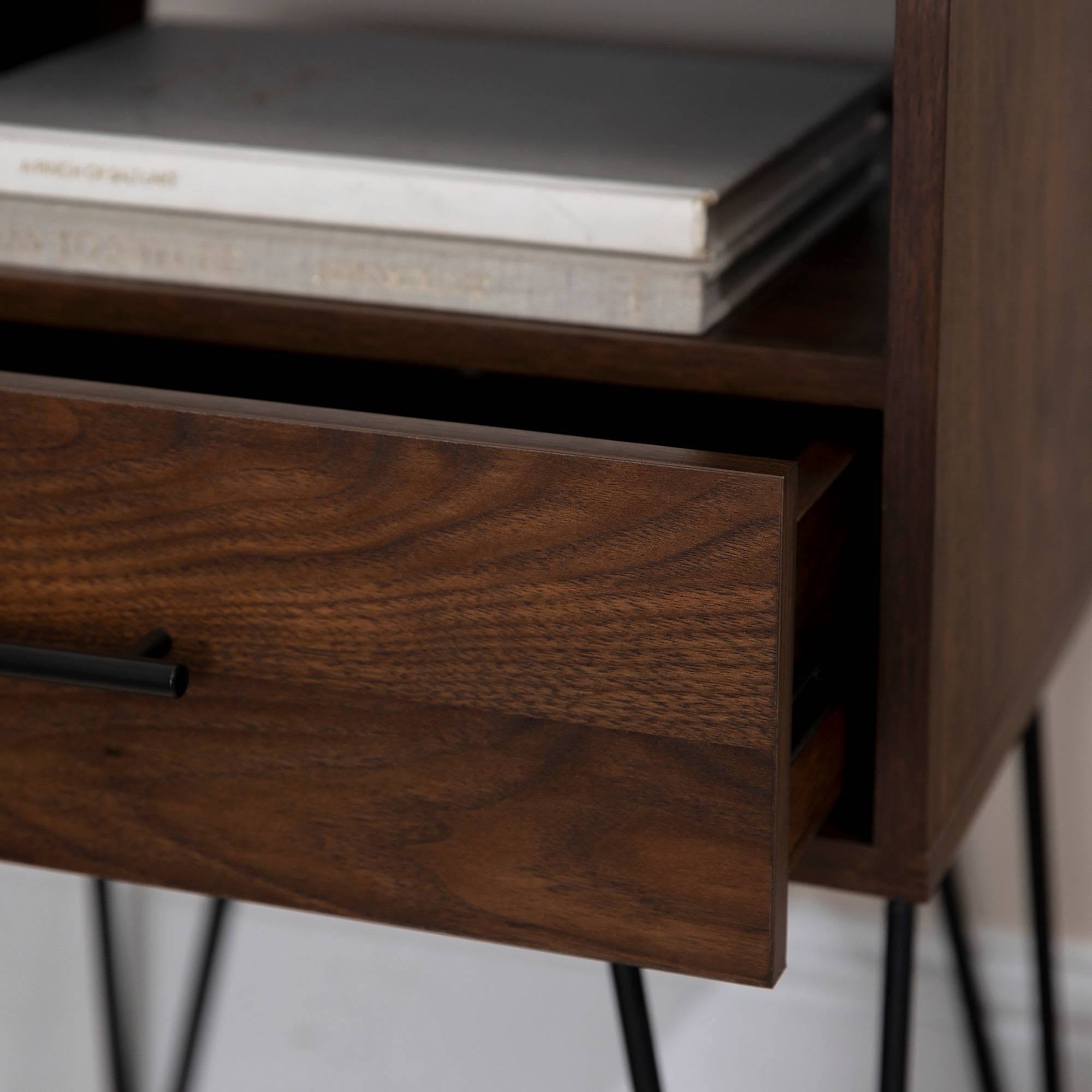 Amal Modern Single Drawer Hairpin Leg Side Table Dark Walnut - Saracina Home