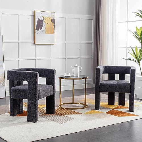 Modern Boucle Dining Chair Set of 4, Sherpa Barrel Accent Chairs Upholstered Armchair Comfy Side Chair for Kitchen Living Room Reception (Green, Set of 4)