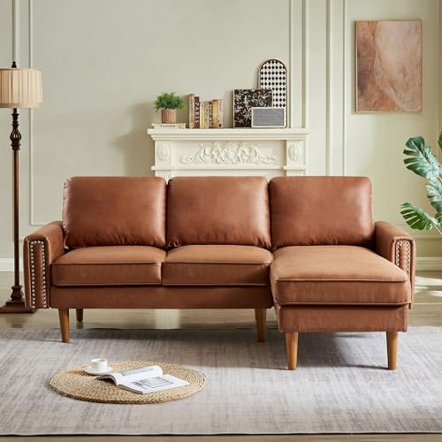Setawix Convertible Sectional Sofa with Reversible Chaise L-Shaped Couch 3 Seat Suede Fabric Sofa with Recliner Modular Sofa Bed with Strong Wooden Leg for Living Room,Apartment,Small Spaces (Brown)