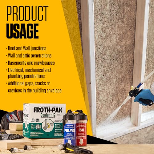 Froth-Pak 12 Spray Foam Sealant Kit, 3ft Hose, 2-Pack. Low GWP Formula. Seals Cavities, Penetrations & Gaps. Yields Up to 12 Board ft. at 2” Thick, 4” Width. Two Component, Polyurethane, Closed Cell