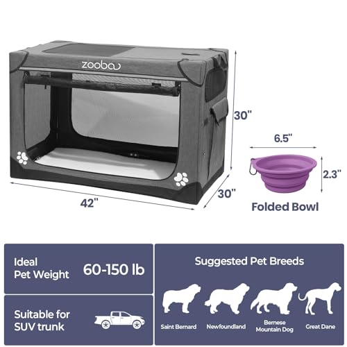 42" Portable Soft Dog Crate for Large Dogs - Collapsible Travel Kennel with Carry Bag, Foldable Cage with Durable Textilene Mesh Door, Plush Bed - Ideal for Home or Travel - Charcoal Gray