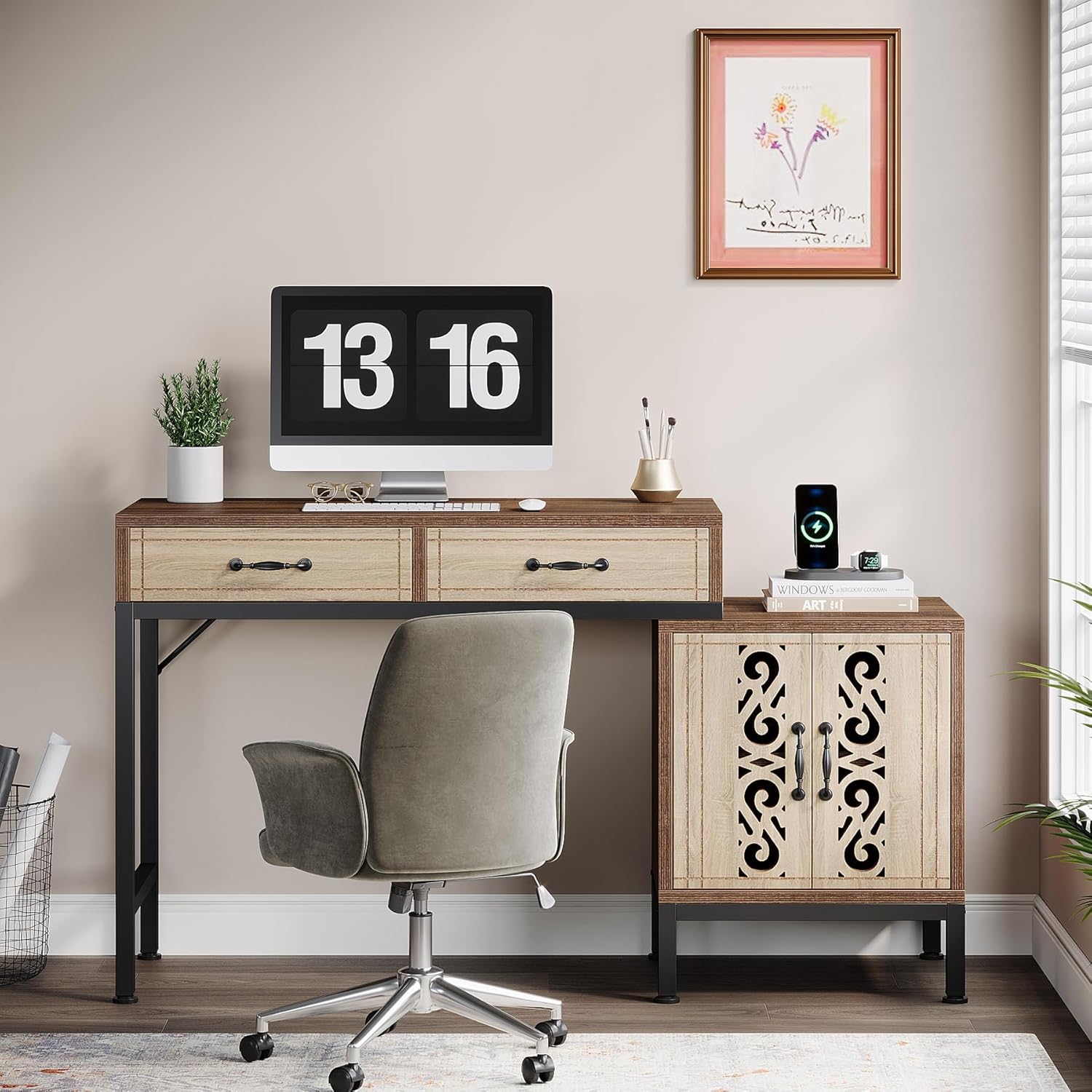 Tribesigns 55-Inch Computer Desk with Drawers, Home Office Desk with Storage Cabinet and Printer Space, Reversible Computer Desk Workstation for Home Office, Bedroom, Brown