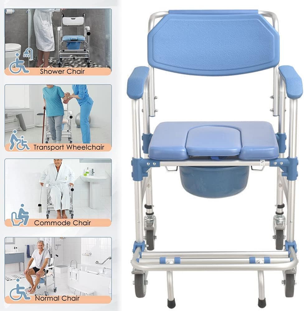 uyoyous Shower Commode Chair with Wheels Multi-Functional Rolling Shower Wheelchair with Soft Padded Waterproof Mobile Over Toilet Chair with 250 lbs Weight Capacity for Disable Injured
