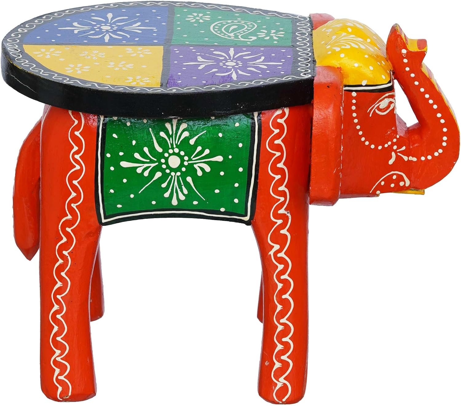 Aashvi Craft Handcrafted and Emboss Painted Colorful Wooden Elephant Shape Stool Table Clourfull -05, Medium