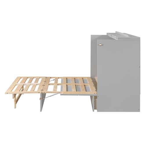 Queen Size Murphy Bed, Murphy Cabinet Bed with Large Drawer, Can Be Foldable, Space Saving, Wooden Low Bedframe for Bedroom, Apartment (White, Queen)