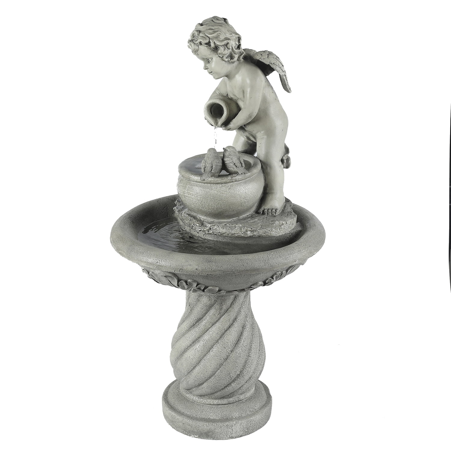 LuxenHome Gray Resin Cherub Birdbath Outdoor Patio Fountain