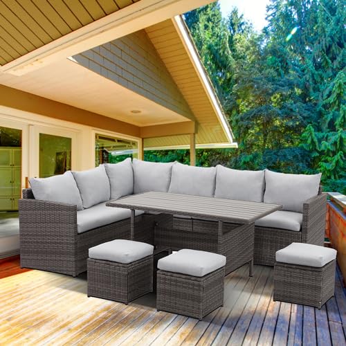 Solaste 7 Piece Outdoor Patio Furniture Set, Outdoor Sectional PE Rattan Patio Conversation Sofa with All Weather Dining Table Chair Set, Blue