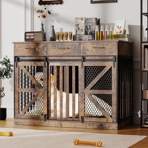 48'' Dog Crate Furniture with Removable Divider & Storage Drawers, Wooden Double Dog Cage TV Stand with 2 Sliding Barn Doors, Multi-Functional Dog Crate End Table for Indoor use (White)