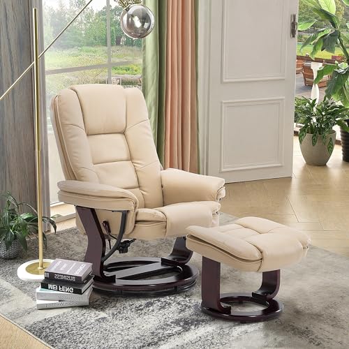 Swivel Recliner Chair with Ottoman Footrest Leather Adjustable Stressless Armchair, Beige