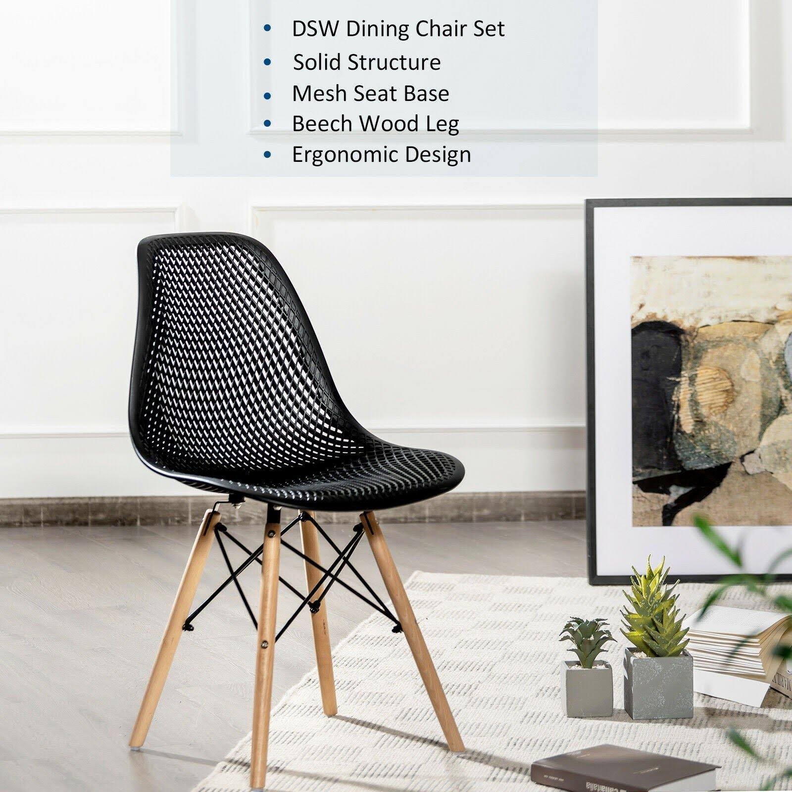 4 Pcs Modern Plastic Hollow Chair Set with Wood Leg-White