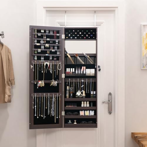 8 LED Lights Jewelry Armoire with Mirror - 47.3” H Mirror Jewelry Cabinet Door Hanging/Wall Mounted Mirror With Storage And 2 Drawers - Off-White