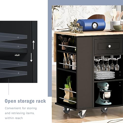 Kitchen Island with Storage, Island Table on Wheels with Drop Leaf, Power Outlet, Large Storage Cabinet, 2 Drawers, Wine Rack, Spice Rack, Portable Trolley Cart for Dining Room (White)