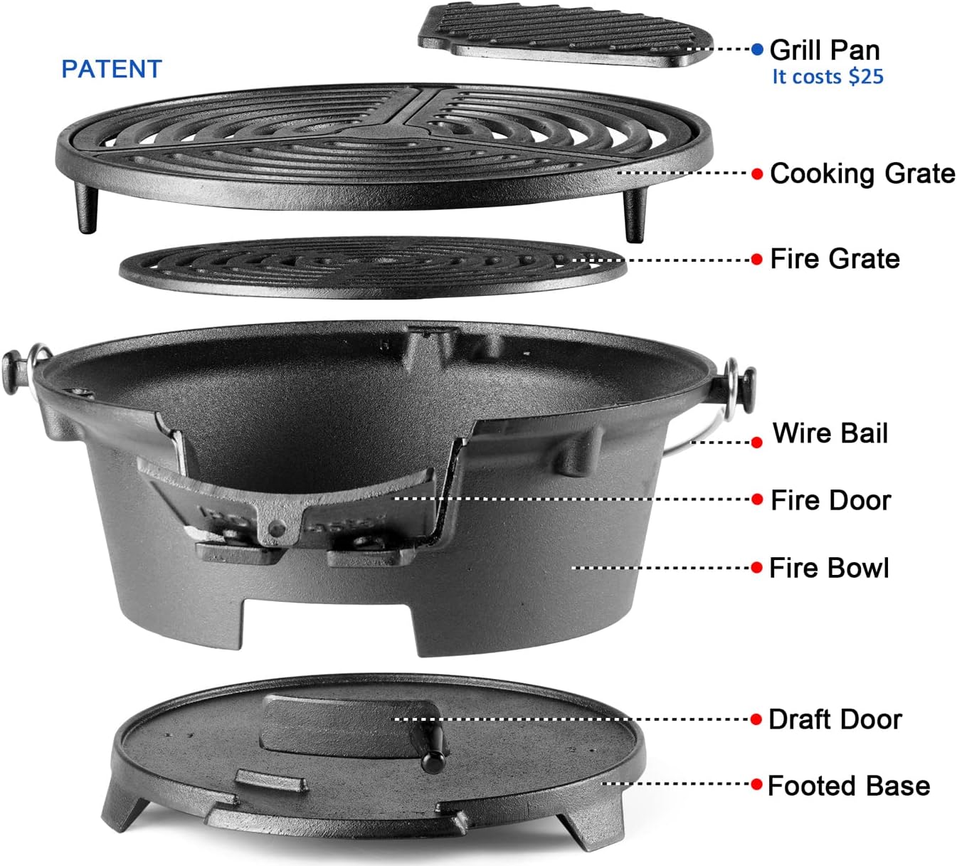 IronMaster R36 Pre-Seasoned Cast Iron Hibachi Grill, Portable Charcoal Grill for Outdoor Camping, BBQ Cooking Surface 13"