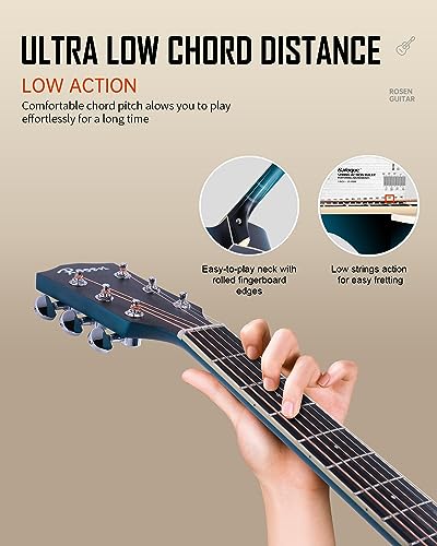 Rosen Solid Top Dreadnought Acoustic Guitar 41 Inches Spruce Guitar Beginner Bundle with Book, Padded Bag, Strings, Picks, Hexwrench, Strap, Polishing Cloth, Blue