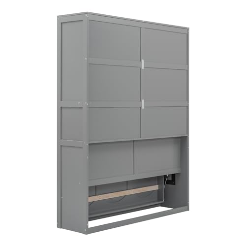 INCLAKE Queen Size Murphy Bed with Storage Shelves, Space-Saving Wooden Wall Bed,Versatile Cabinet Bed Folding Hideaway Bed for Multipurpose Room, Gray