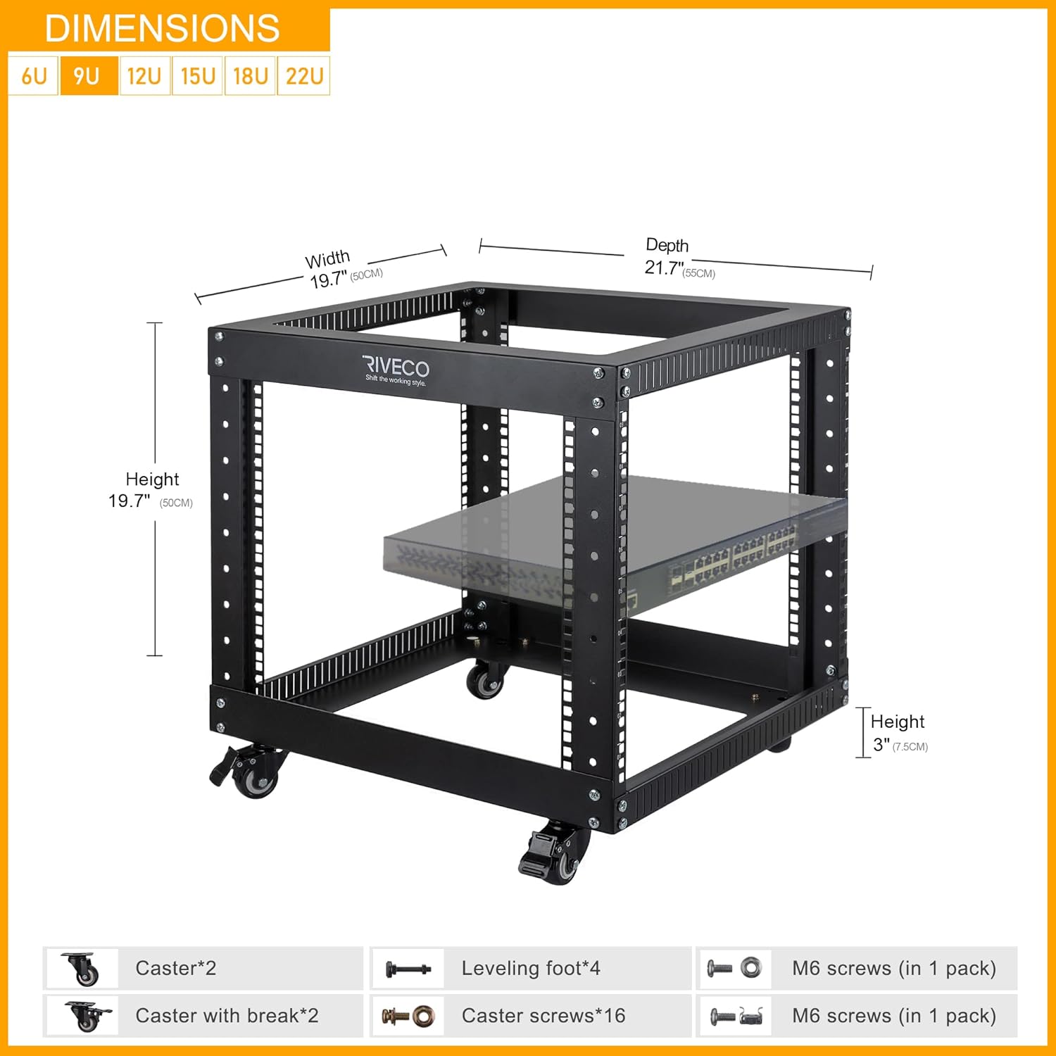 RIVECO 9U Open Frame Server Rack with Casters- Heavy Duty 4 Post Quick Assembly 19-inch, Stereo Rack Network Cabinet Black
