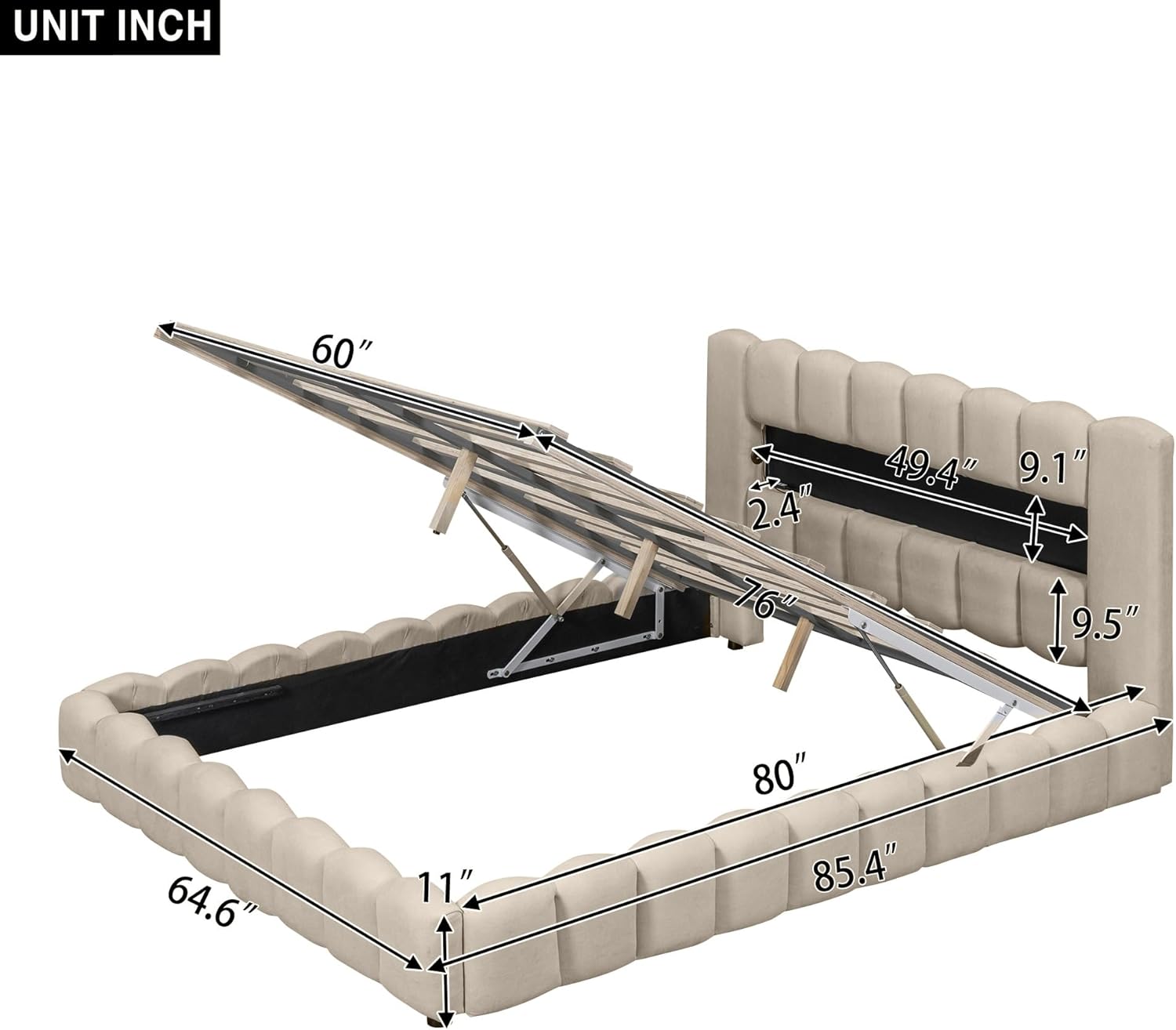 Harper & Bright Designs Grounded Upholstered Queen Bed with Lift Up Storage,Queen LED Bed Frame with USB Charging, Lift-Up Storage Bed Queen for Teens Adults,Linen Fabric,No Box Spring Needed,Beige