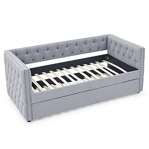 KIVENJAJA Twin Size Daybed with Trundle, Linen Fabric Upholstered Day Bed Frame Sofa Bed with Button Tufted & Nail Trimming for Living Room Guest Room (Twin, Beige)