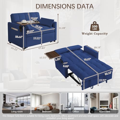 3 in 1 Sleeper Sofa Bed,47" Velvet Futon Tufted Pull Out Couch Bed,2 Seater Loveseat Chaise Lounge with Reclining Adjustable Backrest&Table for Living Room,Apartment,Office,Small Space(Beige)