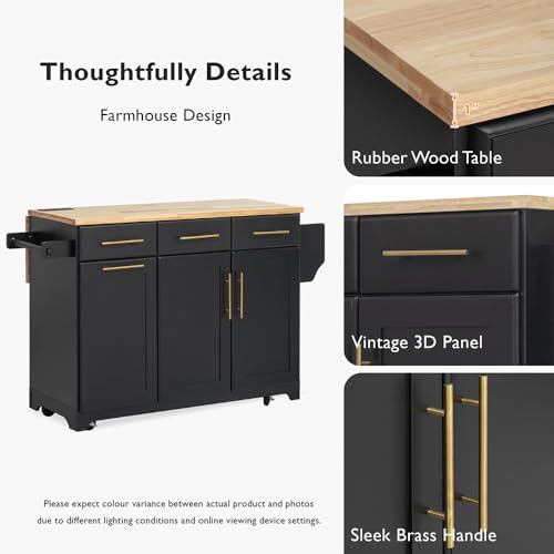 59.3" Rolling Kitchen Island on Wheels with Trash Can Storage Cabinet, Island Table for Kitchen with Power Outlet, Kitchen Cart with Drop Leaf and Internal Storage Rack (Black)