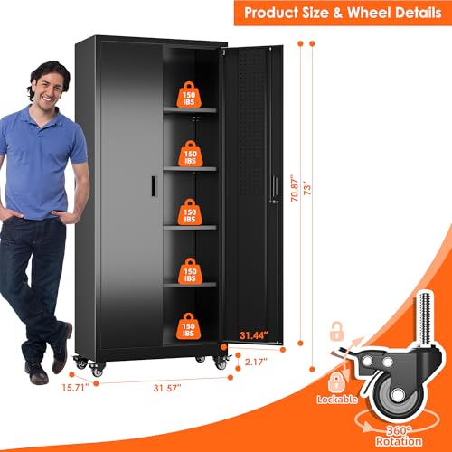 73" H Metal Storage Cabinet with Wheels, Garage Storage Cabinet with 4 Adjustable Shelves and Lockable Doors for Garage Home Office Utility Room,Required Assembly,Black