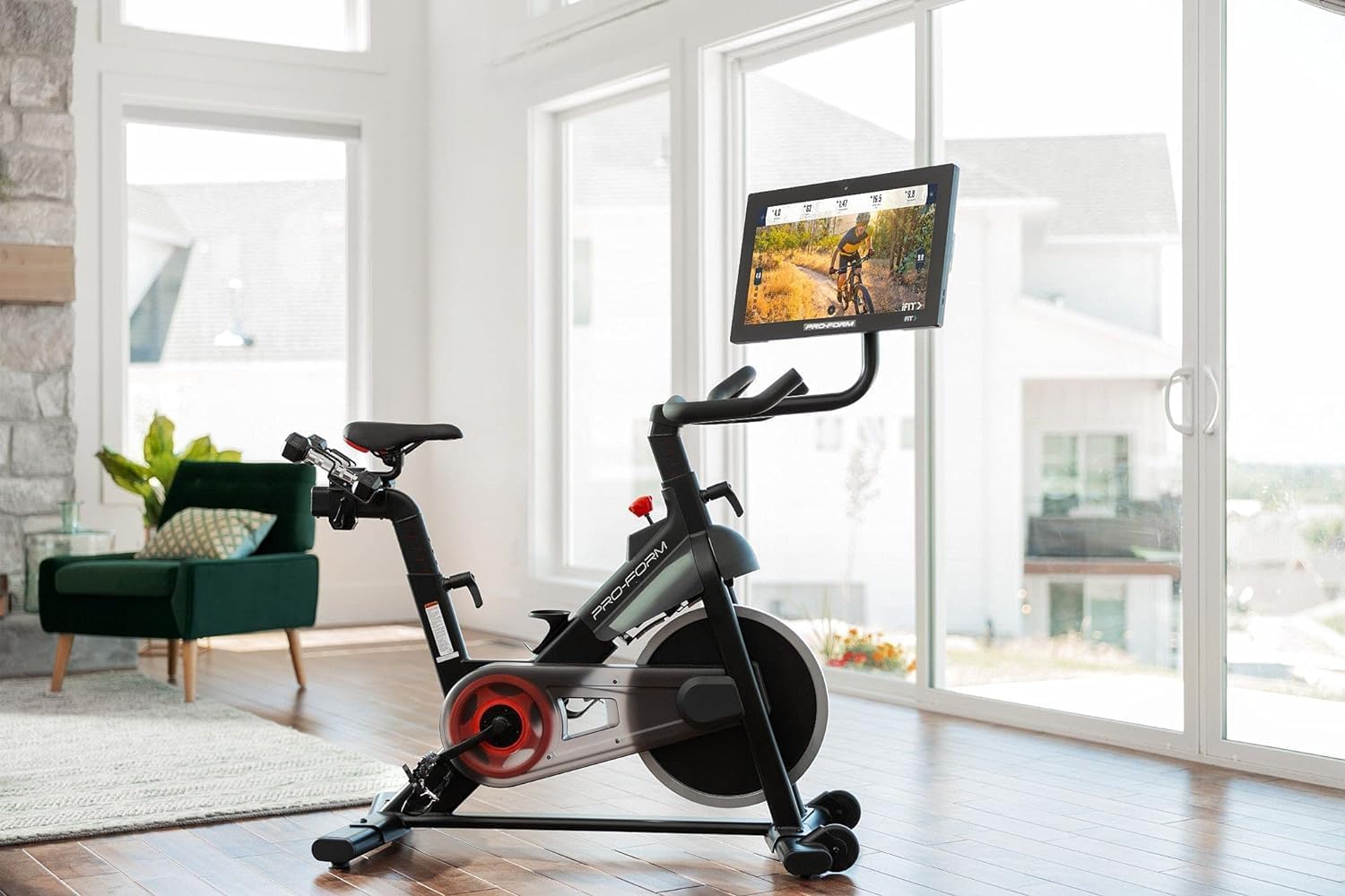 Proform Studio 22 Pro Exercise Bike with 22” HD Touchscreen and 24 resistance levels,Two 3 lb dumbbells for workout, 30 Day iFIT Membership - Black