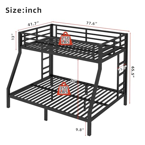 Twin XL Over Twin XL Bunk Bed, Metal Bunk Bed Frame Heavy Duty Bunk Beds Loft Bed Frame with Ladder and Guardrail Metal Slats No Box Spring Required for Adults Teens, Black