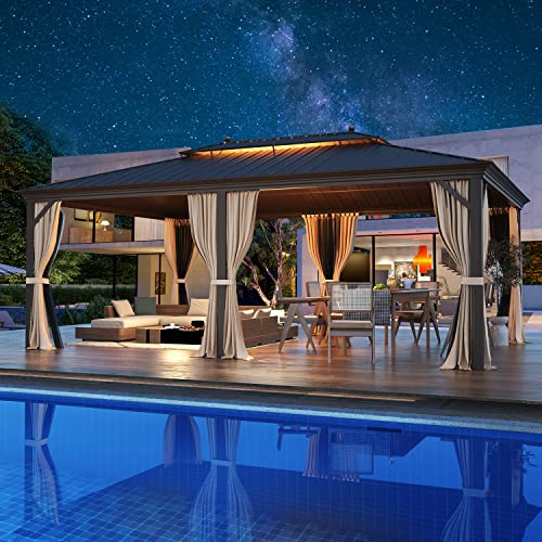 MELLCOM 12'x16' Hardtop Gazebo, Galvanized Steel Metal Double Roof Canopy with Curtains and Netting, Brown Permanent Pavilion Gazebos with Aluminum Frame for Garden, Patio, Lawns, Deck