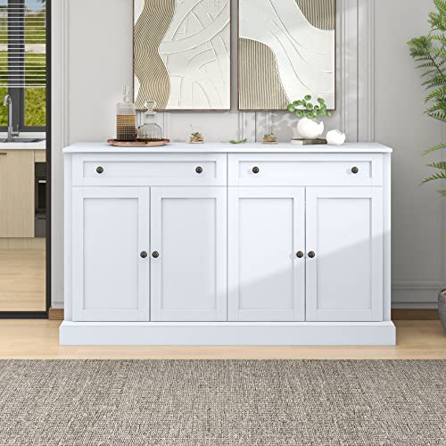 60" Sideboard Buffet with Storage, 4-Door Accent Bar Cabinet, Distressed Wood Storage Cupboard with 2 Drawers and Adjustable Shelves for Kitchen, Dining Room, Living Room, Entryway, White