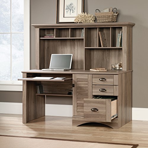 Sauder Harbor View Computer Desk with Hutch and 3-Shelf Bookcase, Salt Oak Finish
