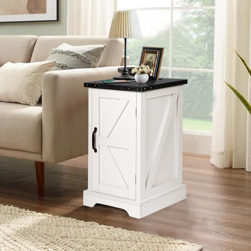 VOWNER 2PCS Farmhouse Nightstand with Charging Station, 17" Rectangular End Table with Barn Door, Wood Rustic Sofa Side Table for Living Room, Bedroom, White