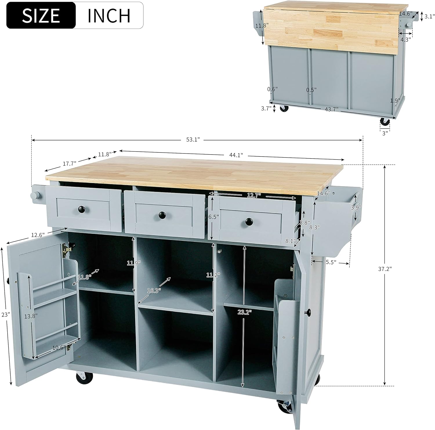 53.1inch Kitchen Cart with Rubber Wood Drop-Leaf Countertop, Cabinet Door Internal Storage Racks,Kitchen Island on 5 Wheels with Storage Cabinet and 3 Drawers for Dining Room, Blue