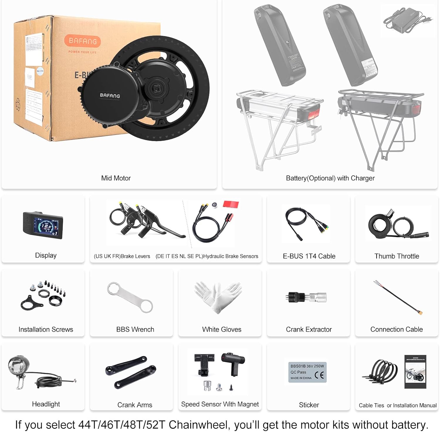 BAFANG Electric Bike Motor Kit Mid Drive BBS02B 48V 500W Bicycle Conversion Kit Ebike fit with BB68-73mm MTB Commuter Bikes with Optional Hailong Shark Battery & Rear Rack Battery with Charger