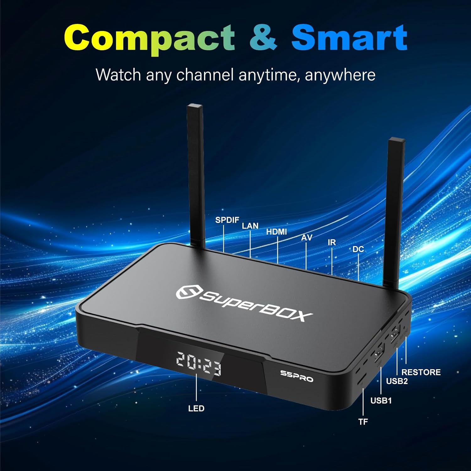 Super Stream S-5-P R O TV Box,with Channels Free,4GB RAM+32GB ROM,with Voice Remote,6K HDMI,2T2R,1*Portable Audio,1*Sunset Light,Dual Band Wifi,Newest Version Super Bundle Box,Detailed Setup Guide