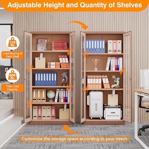 Glass Display Cabinet Liquor Cabinet with Lock,Tall Bookcase Metal Glass Storage Cabinet with 4 Adjustable Shelves,5-Tier Curio Cabinet for Home,Study,Living Room and Office (White)