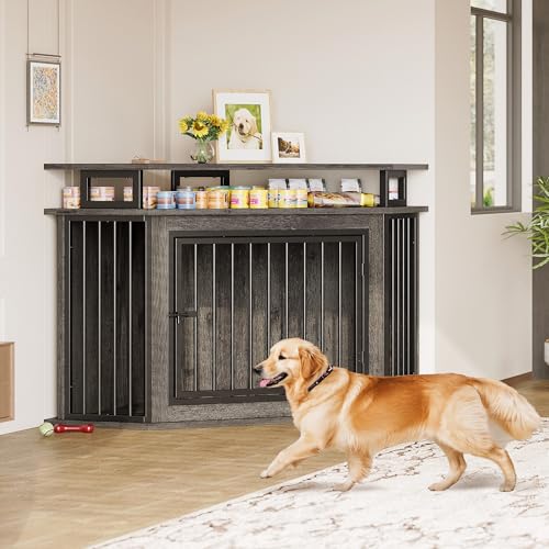 IRONCK 51" Corner Wooden Dog Crate Furniture with 2-Tier Shelves, Pet Kennel for Large Dogs, Space-Saving Dog Cage Indoor, Rustic Brown (26.7" L x 51.2" W x 33.5" H)