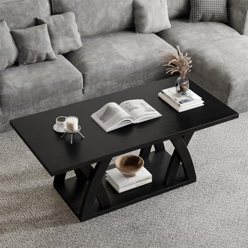 Farmhouse Coffee Table with Shelf, Wood Coffee Table for Living Room, Open Display Area,47” Dark Brown