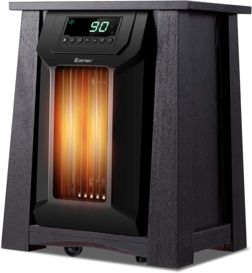 COSTWAY Infrared Space Heater 1500W, Portable Radiator Heater with Remote, 12H Time & Adjustable Thermostat, Small Electric Heater for Indoor Use Home Office Bedroom, Brown + Black