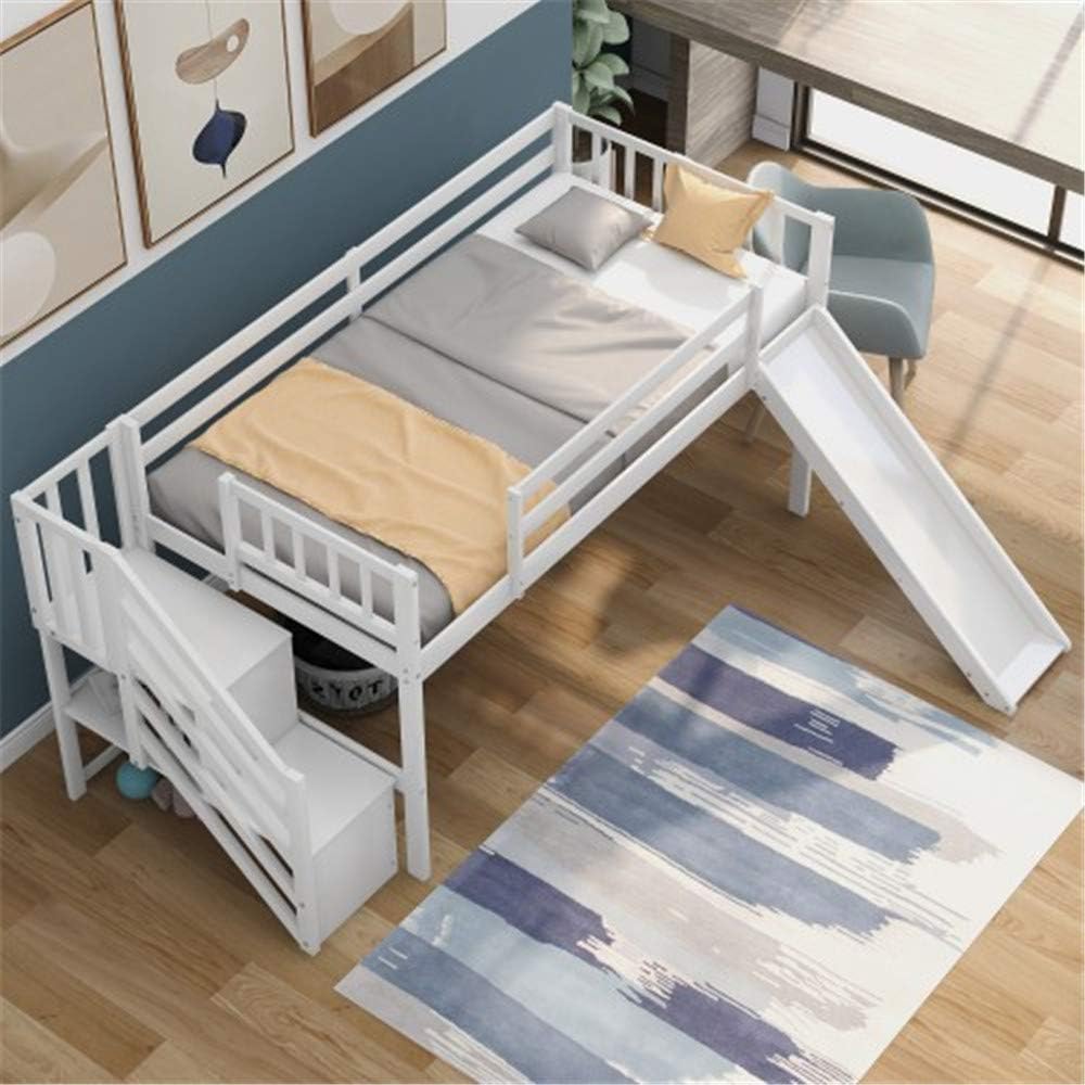 NORAN Twin Size Low Loft Bed with Adjustable Slide and Staircase for Kids,Multifunctional Design (Gray)