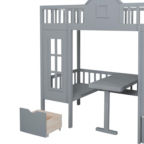 Full Over Full Bunk Beds with Stairs for Kids/Teens, Wooden Convertible Bunk Bed with 2 Storage Drawers, Down Bed Can be Turned Into Desk and Seat, White