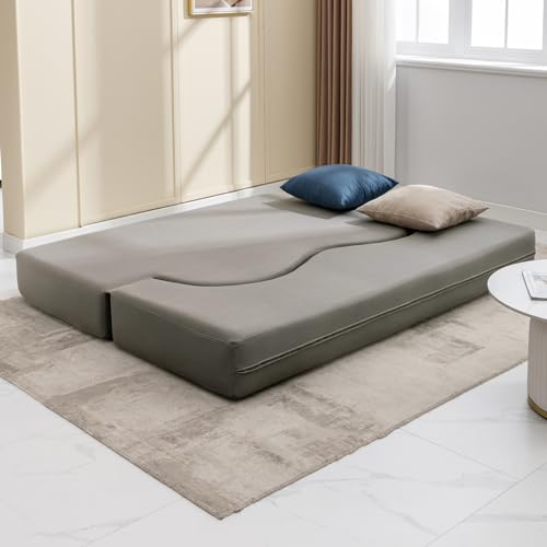 Mjkone Queen Size Floding Sofa Bed, Floor Sofa Bed with Memory Foam, Upholstered Convertible Couch Bed, Fold Out Futon Sleeper Couch Bed for Living Room,Guest Room, Washable Cover, Light Gray