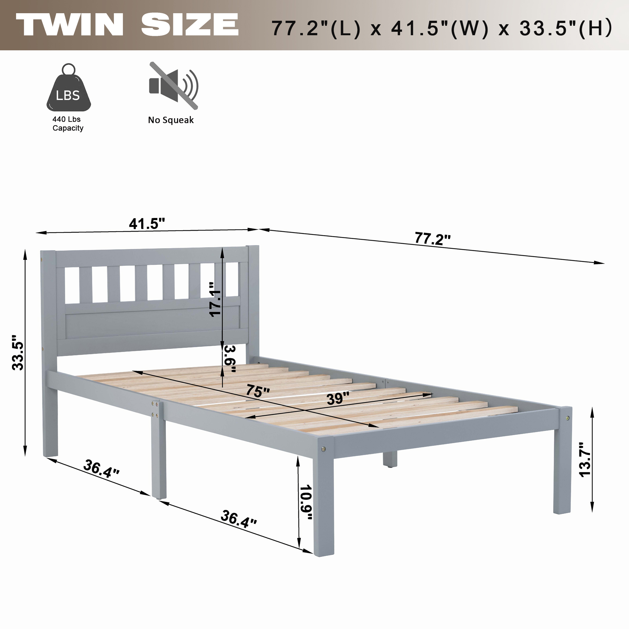 iRerts Wood Twin Bed Frame, Modern Twin Platform Bed Frame with Headboard, Wood Support Slats, Twin Size Bed Frame No Box Spring Needed, Bed Frame Twin Size for Kids Teens Adults Bedroom, Gray