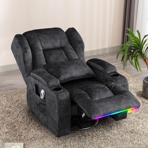 Power Recliner Chair, 270° Swivel Rocker Recliner Chair for Adult with Massage & Heat, Electric Swivel Glider Reclining Sofa Chair for Living Room with USB, Led Light, Lumbar Pillow (Grey)