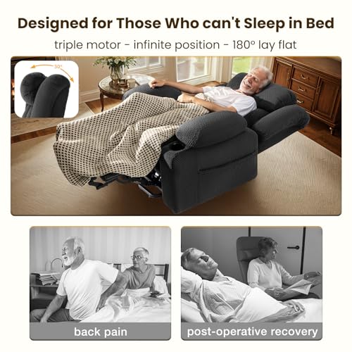 Power Lift Recliner Chair for Elderly - Triple Motor Lift Chairs - Infinite Position Adjust - Power Headrest - Heated & Massage - Lift Assist & 180° Lay Flat - Soft Plush Flannel (Grey)