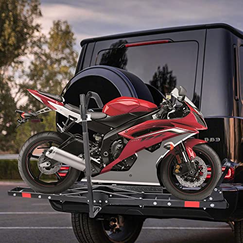 Motorcycle Carrier Hitch Mount 500 Lbs Dirt Bike Carrier Hauler Hitch Rack with Fixed Bracket and Lock Wheel Settings Removable Loading Ramp Anti-Tilt Locking Device